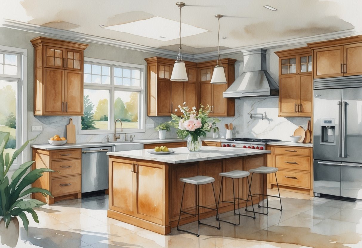 A modern kitchen with wooden cabinets, marble countertops, a central island with pendant lights, and large windows letting in natural light.