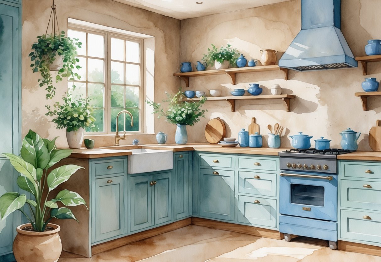 A kitchen interior with natural wood surfaces, neutral tones, green plants, and blue accents creating a calm and inviting atmosphere.