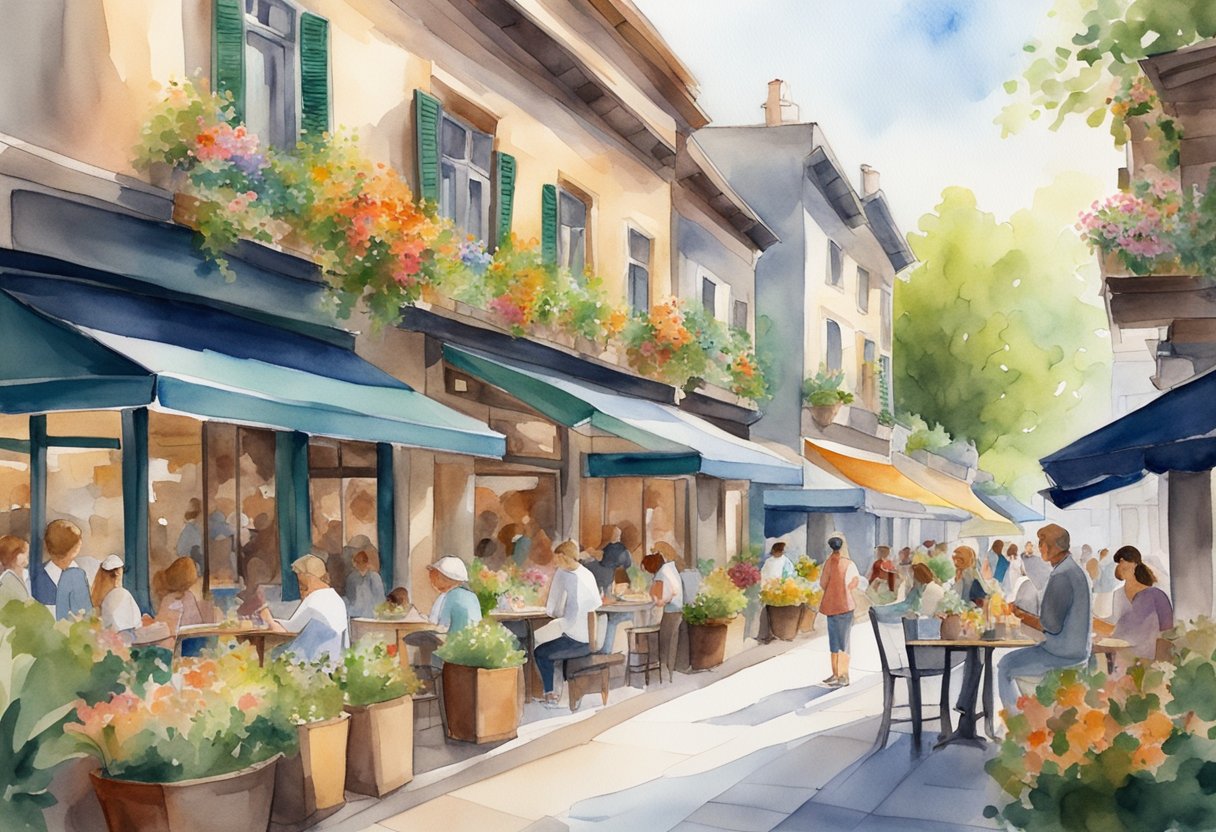A bustling street lined with diverse restaurants, each with unique architecture and outdoor seating, surrounded by lush greenery and vibrant flowers