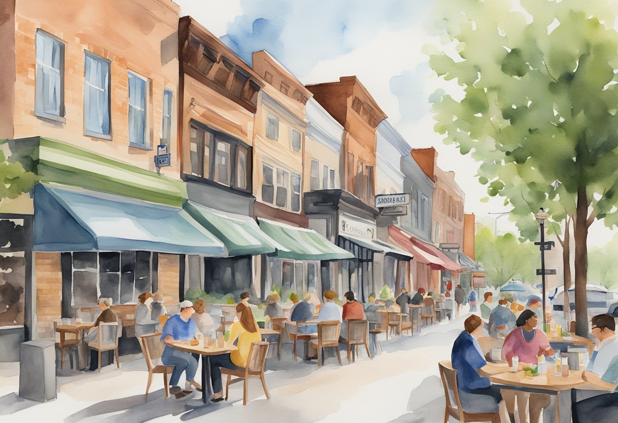 A bustling street lined with diverse restaurants, each with unique signage and outdoor seating, showcasing the culinary trends of East Grand Rapids