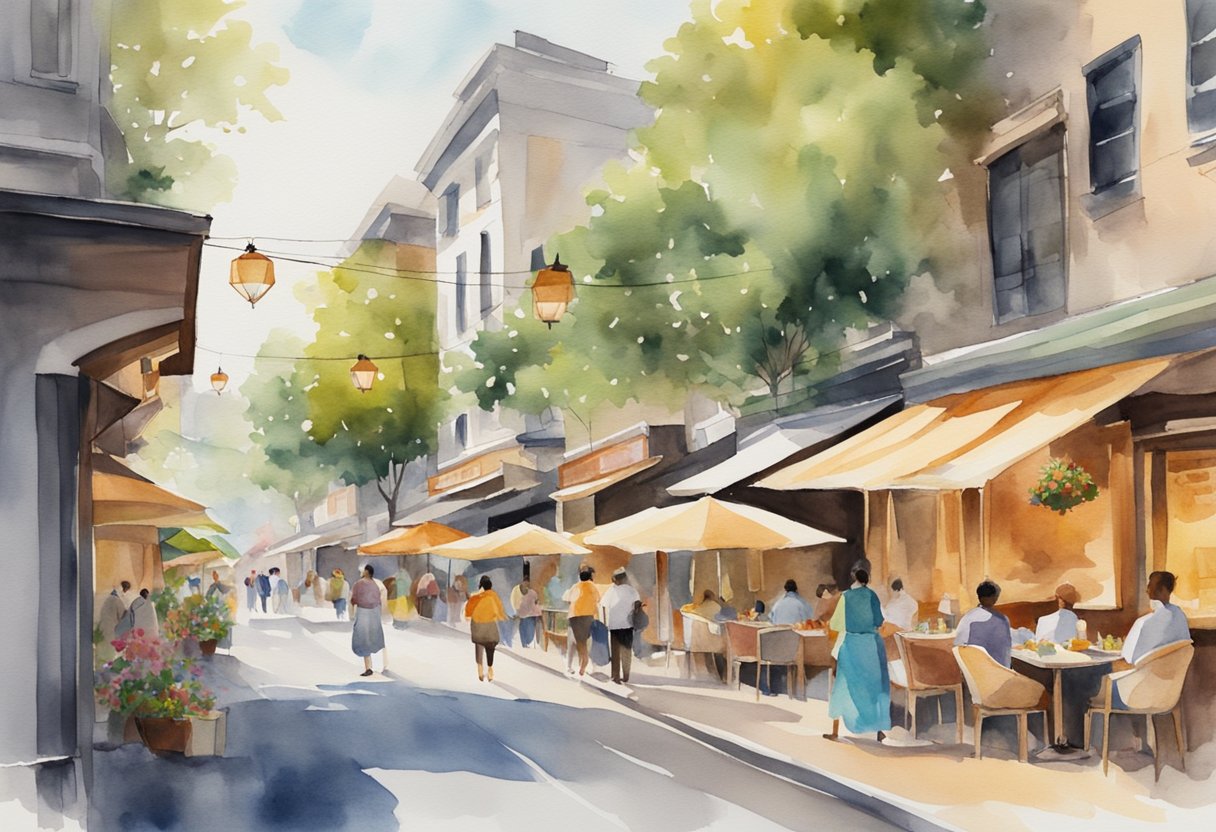 A bustling street lined with diverse restaurants, each displaying unique cultural influences through their vibrant decor and mouthwatering aromas